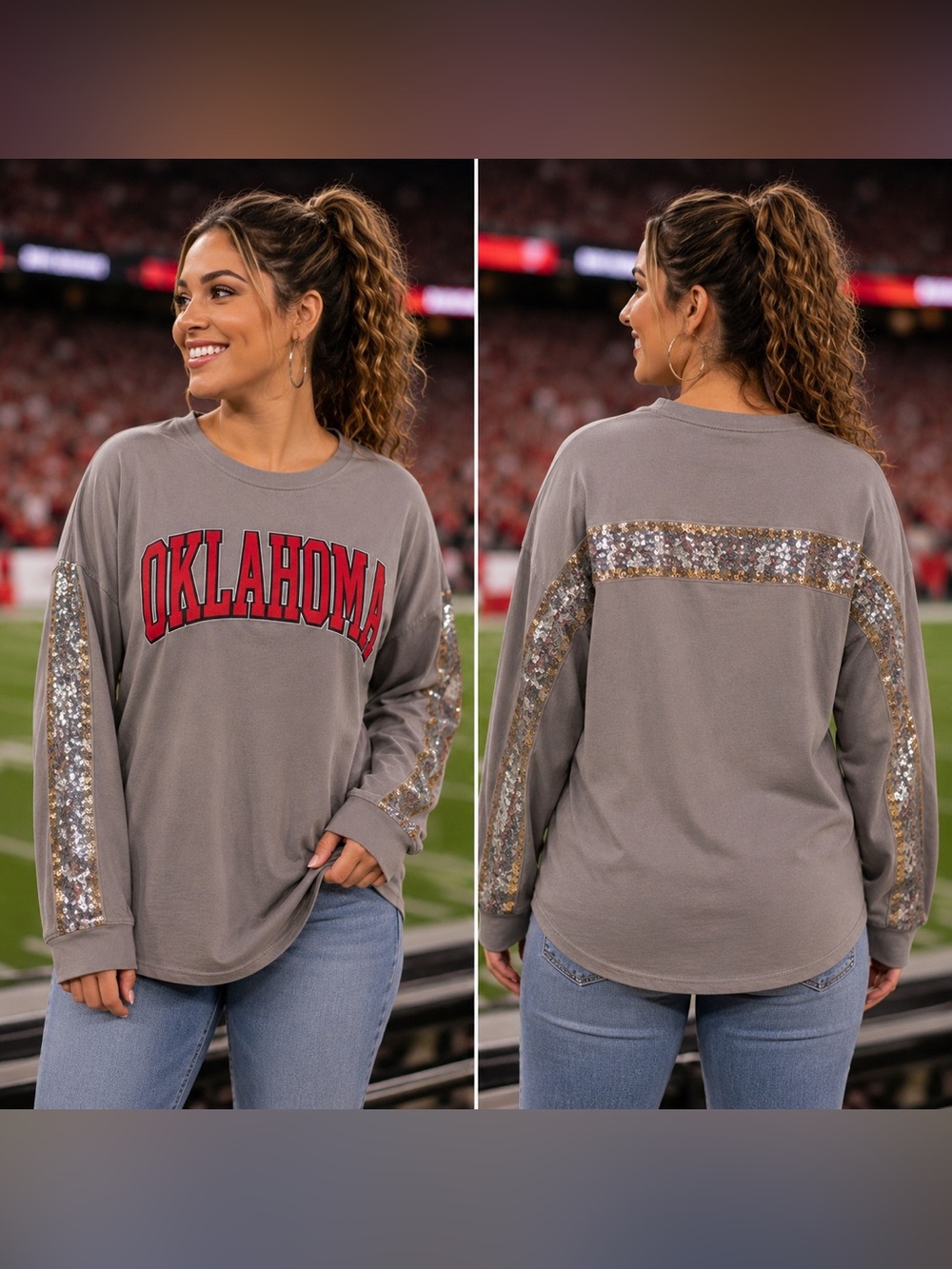 🆕 Gameday Couture Oklahoma Sooners Sequin Long Sleeve Tee NWT Women’s Small